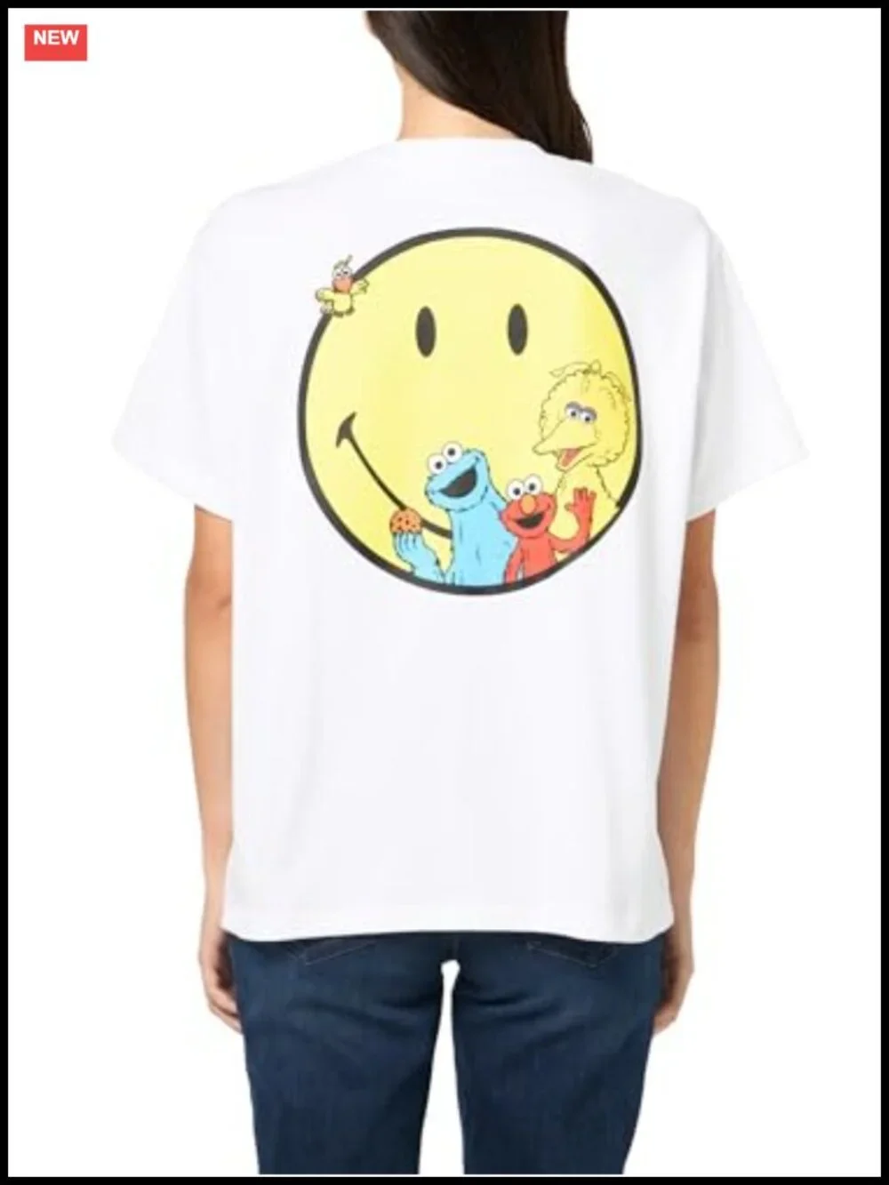 Oversized Graphic Tee Sesame Street Smiley Cotton Blend Crew Neck